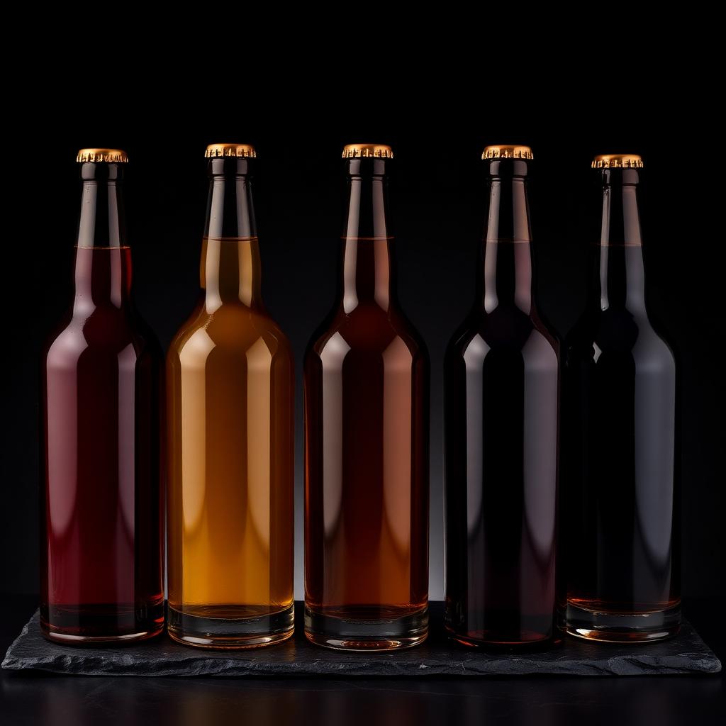 Fünf Ravenstone Biere in dunklen Glasflaschen